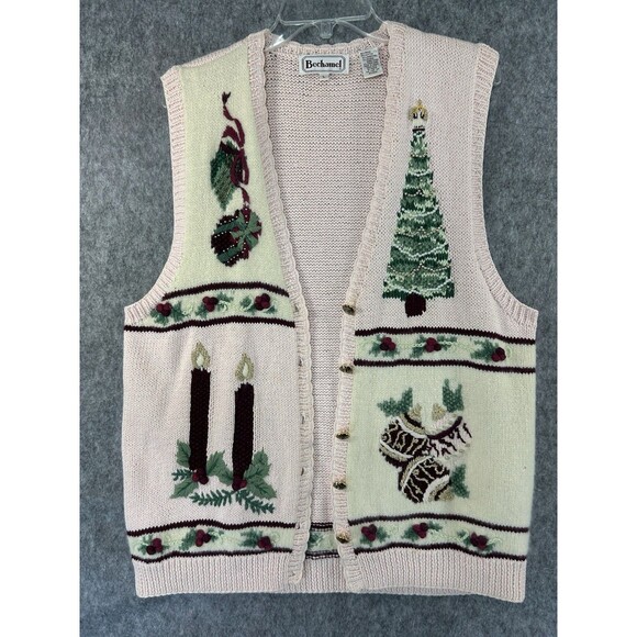 Vintage Bechamel Christmas Hand Knit Cardigan Sweater Embroidered Pink Tree - Picture 13 of 13